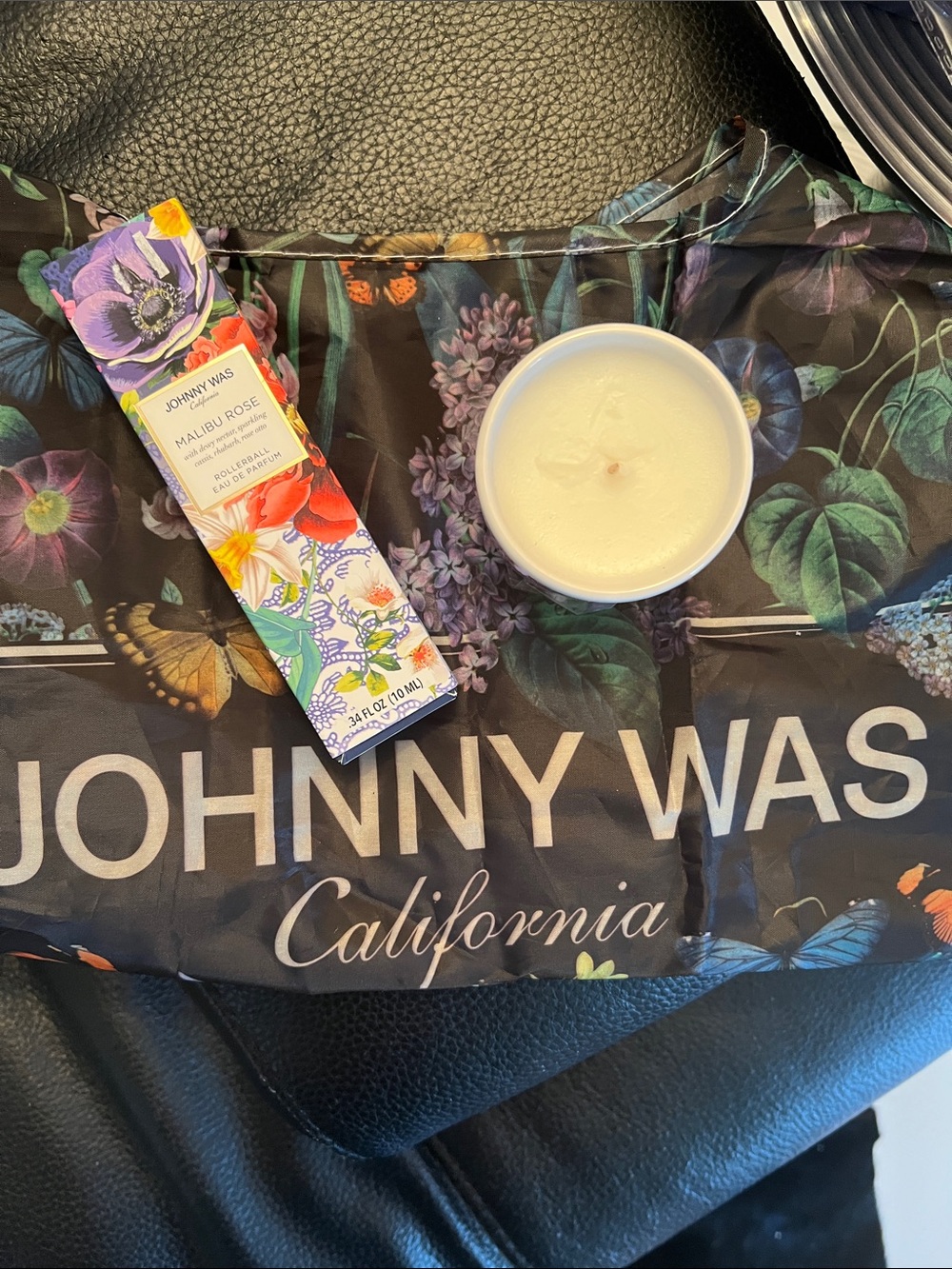 JOHNNY WAS CALIFORNIA SHOPPER, CANDLE & MALIBU ROSE ROLLERBALL Eau de Parfum .